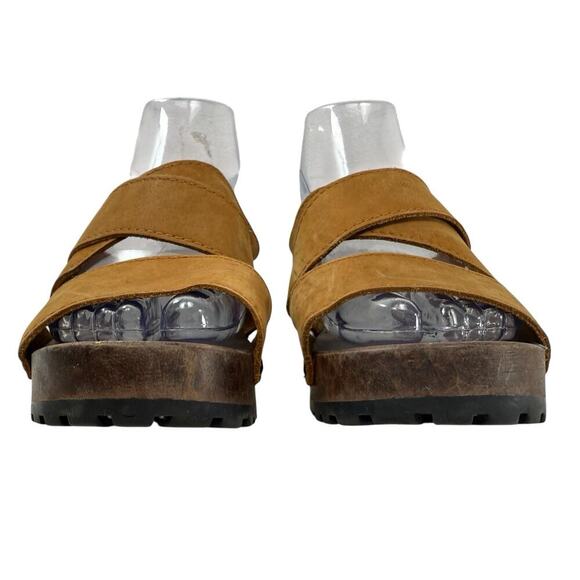 Candies Chunky Sandals Size 7 Vintage Y2K Wooden Clog Platform Camel Tan Leather - Picture 6 of 9